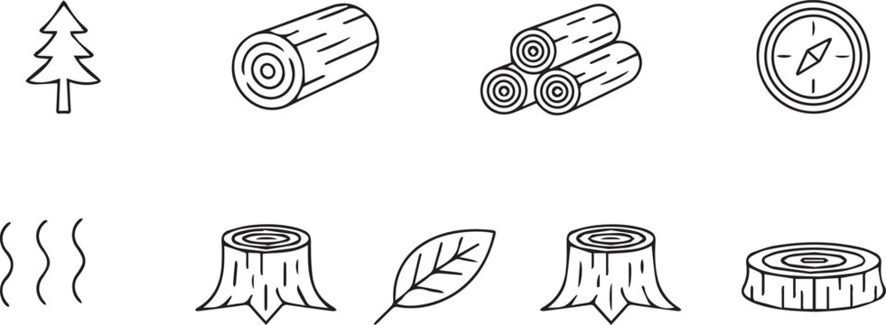 line drawing of various tree and wood icons on transparent background