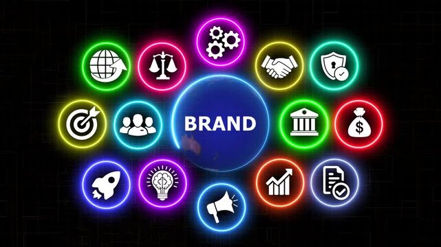 Dynamic branding icons orbit glowing earth motion graphics presentation footage.
