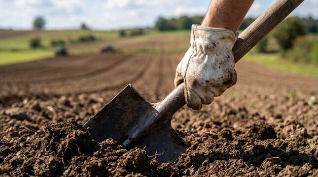 Man digging soil with shovel in agricultural field. Farmer preparing land for spring season planting. Manual labor on farm.