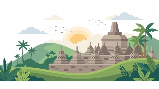 Borobudur Temple Sunrise: An illustration of Borobudur temple at sunrise, with lush tropical greenery and rolling hills.