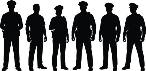 Six black silhouettes of police officers in uniform, standing in a line against a white background © Aysha