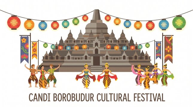 Borobudur Cultural Festival: A vibrant depiction of the Borobudur Cultural Festival, showcasing traditional dancers performing in front of the magnificent ancient temple.