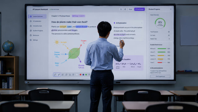 Back view of an Asian teacher standing at a smart whiteboard displaying an AI-powered interactive lesson. Education AI Asia concept.