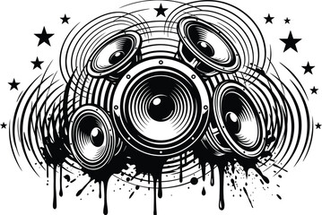 Black and white illustration of music speakers with sound waves and stars, grunge style © SH Stock