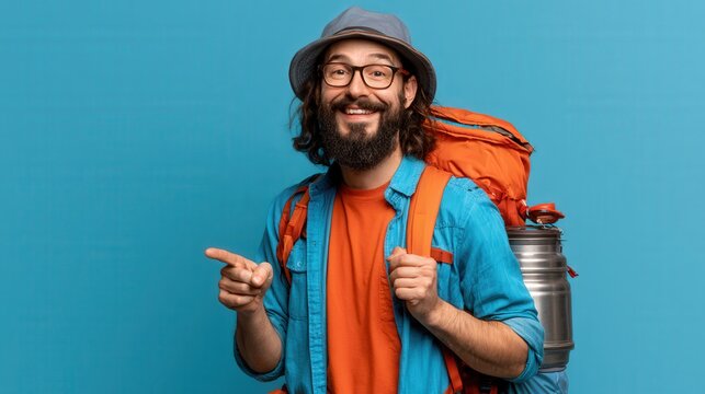 Bearded man smiles, pointing with backpack and flask