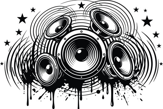 Black and white illustration of music speakers with sound waves and stars, grunge style