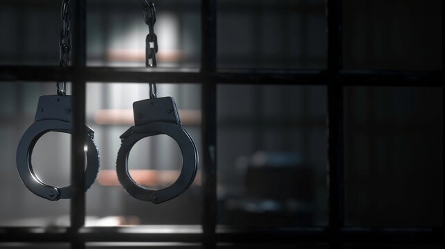 Criminal justice concept, a handcuffs attached to black prison bars, dark blurred detention background, investigative journalism theme,law enforcement and legal system concept, space for breaking news