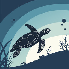 Sea Turtle Swimming in Dark Blue and Teal Underwater Ocean with Sea Grass and Bubbles © Kins