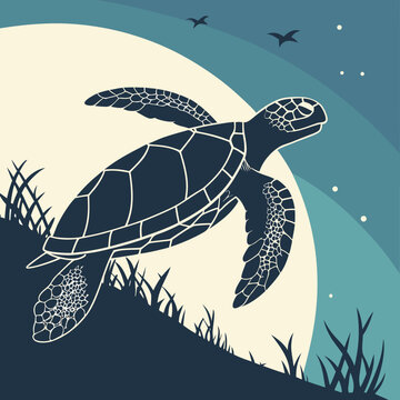 Sea Turtle Swimming in Front of Moon with Birds and Grass in Dark Blue and Teal Tones