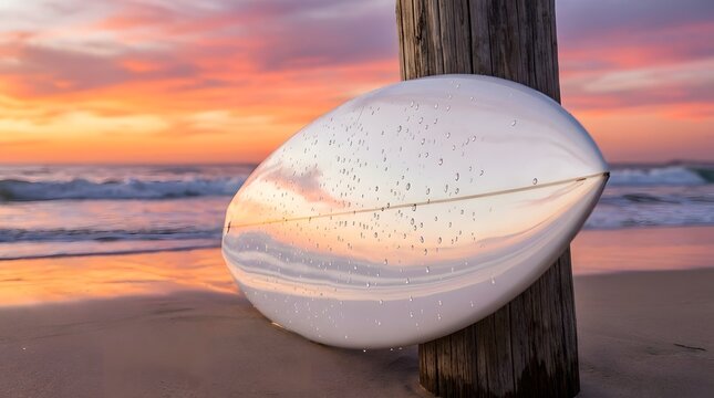 White surfboard on sandy beach at sunset