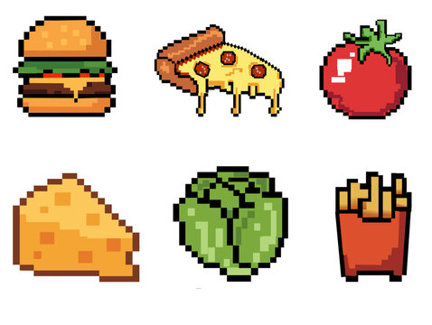 Pixel Retro 8-bit art fast food and fresh ingredients collection with hamburger, pizza slice, tomato, cheese, lettuce, and french fries in a retro game style