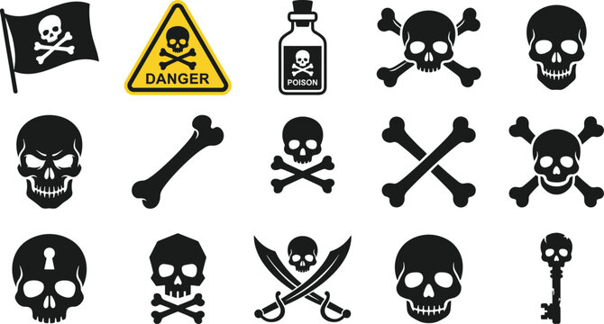 Collection of black skull and crossbones danger sign, poison bottle, and pirate flag