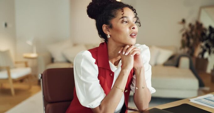 Businesswoman, thinking and smile on break in office, idea and tax submission with laptop on website. Business, accountant and person with complete project, reflection and financial report with tech