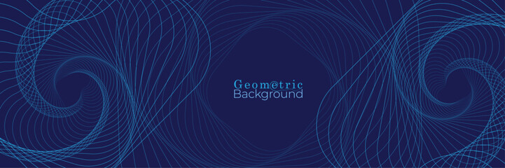 Naklejka premium Linear abstract background with geometric line swirl patterns and dark blue curve grid texture on navy backdrop for modern technology corporate presentation or digital banner design