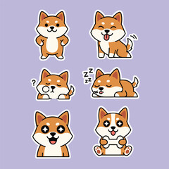 Fototapeta premium Cute shiba inu puppy sticker pack with various happy expressions