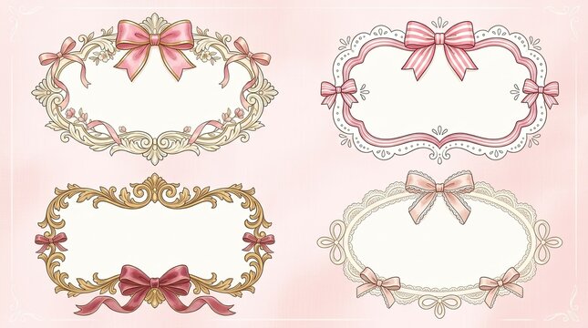 Four ornate vintage floral frames with pink ribbon bows.
