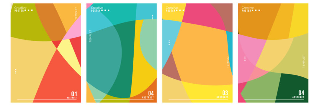Template set of abstract geometric posters with colorful overlapping wavy shapes and minimal layout backgrounds for creative business branding or modern event cover design