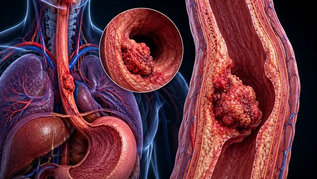 Esophageal Cancer with Malignant Tumor Growth in the Esophagus and Digestive Tract Anatomy, Medical Illustration