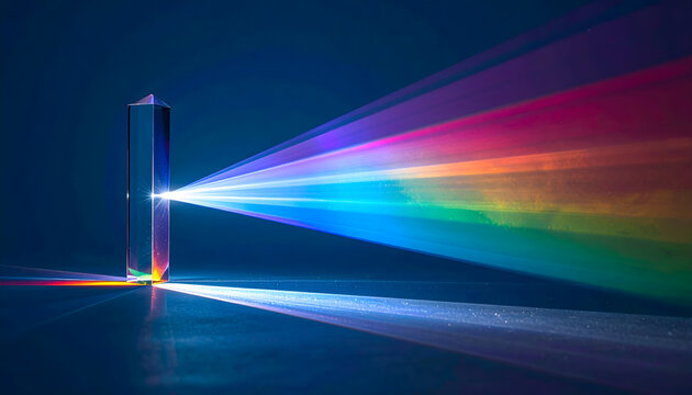 Light beam passing through a prism and dispersing into a rainbow spectrum.〈プリズムを通過し、虹色のスペクトルに分散する光線〉