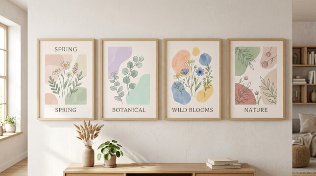 Four botanical wall art frames on white wall.