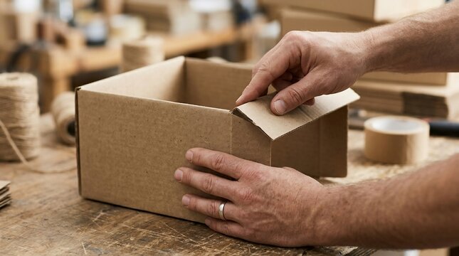 Close up of hands folding a cardboard box on a wooden table.