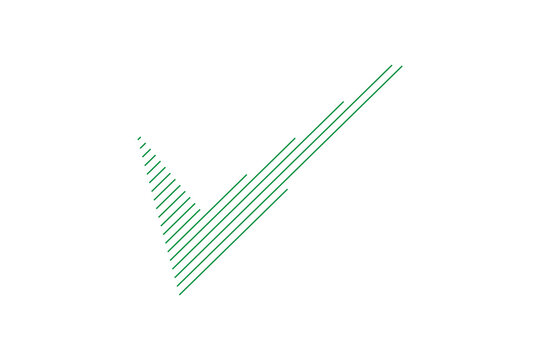 abstract light green vector icon of a check mark symbol, uniquely constructed from multiple thin parallel diagonal lines, isolated on a solid white background