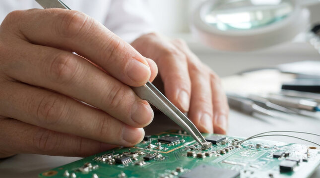 Close-up of a person's hand working with a circuit board using tweezers, showcasing precision and attention to detail.