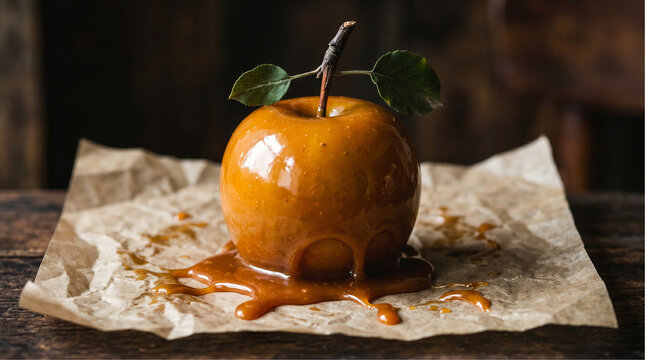 Caramel candy apple with leaves on a wooden table with brown paper