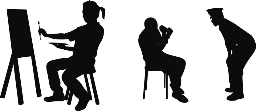 Artist observer silhouettes with easel painting camera inspection designs, creative profession vector art, black graphic human activity artwork elements