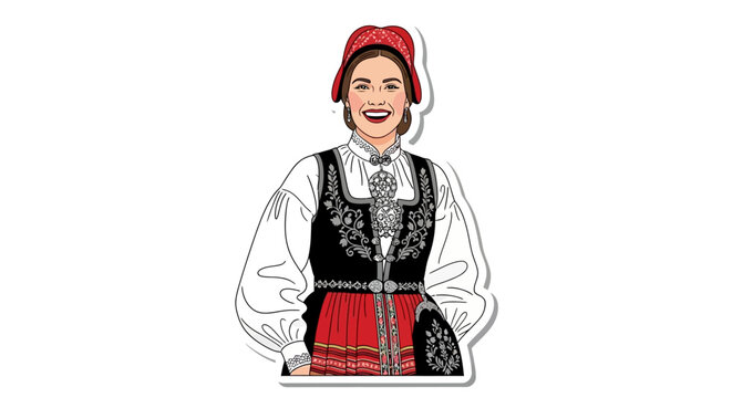 Traditional Norwegian woman in bunad smiling happily