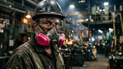 Fototapeta premium Intense portrait shot capturing a rugged industrial worker wearing safety goggles and a neon pink respirator mask inside a blurred facility.