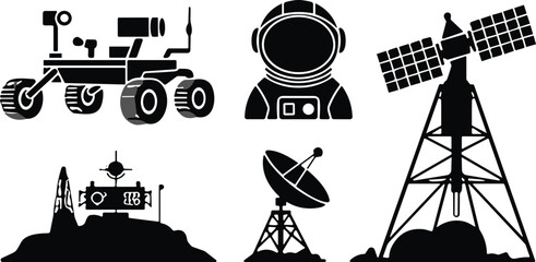 Space exploration silhouettes with astronaut rover satellite dish tower lander designs, cosmic technology vector art, black graphic science artwork elements © MDMAHOMUDUL