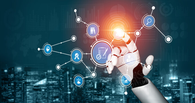 A robotic hand engages with a digital interface, representing advanced technology and artificial intelligence concepts. The modern city backdrop enhances this futuristic scene. Tessel