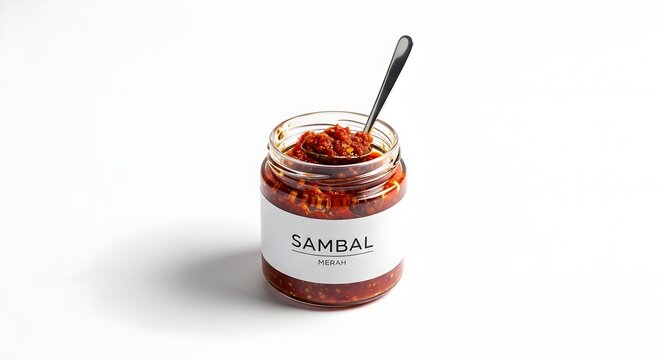 Glass jar of spicy sambal sauce with metal spoon