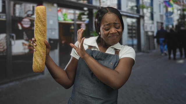 Woman baker in apron holds a baguette in her left hand and recoils with her right hand in a disgusted grimace on a street; disgust hesitation.