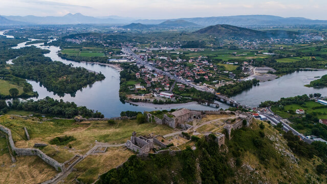 Aerial view of Rozafa Castle in Shkod&euml;r, Albania. Historical fortress panorama with Drin and Buna rivers, bridge, and scenic Balkan landscape