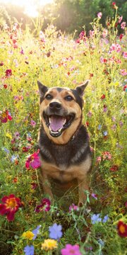 Happy dog sitting in a blooming wildflower meadow at sunset