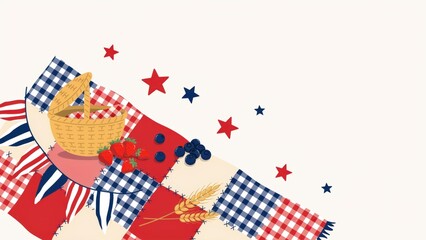 Obraz premium Picnic basket sits atop a checkered blanket with berries and wheat stalks to represent a summer holiday celebration.