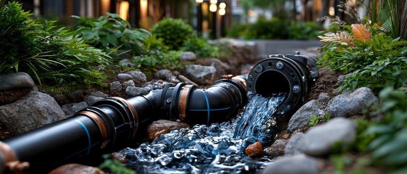 Water flows from a broken pipe amidst rocks and greenery, serving as a background for infrastructure failure and environmental concerns.