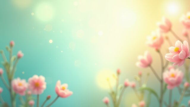 vibrant abstract spring summer background with pastel blues greens yellow and coral pink washes suggesting blooming florals and dappled sunlight for commercial design