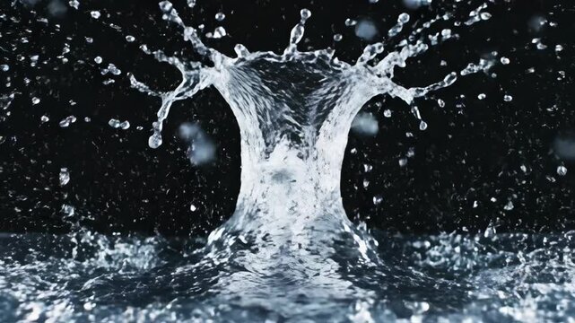 Water crown splash captured mid-motion against dark backdrop; droplets suspended, creating intricate shapes