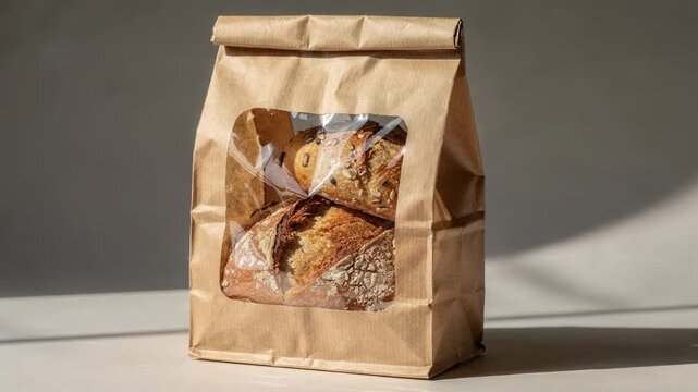 Medium shot of a bakery kraft paper bag with a clear film window showing freshly baked bread inside highlighting the texture and natural packaging design.