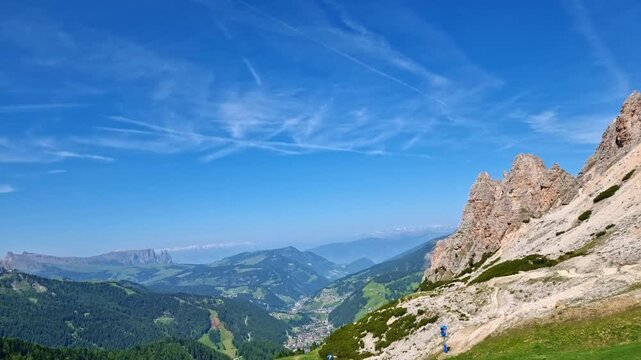 The rocky Sassolungo Mountain in Dantercepies, Val Gardena, Dolomites, Italy, in sunny spring day