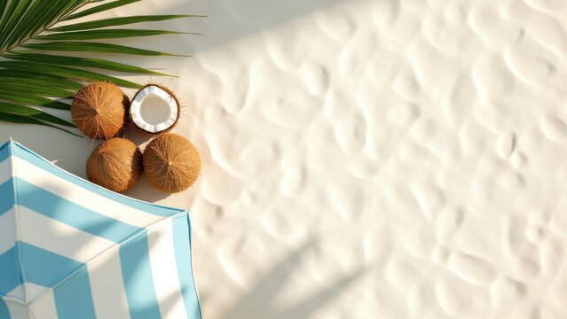 flat lay tropical coconuts leaves beach umbrella luxury summer relaxation advertising overhead shot soft natural light sandy background