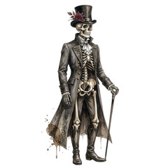 Obraz premium Elegant Skeleton In Top Hat And Coat On Transparent Background