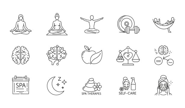 Health wellness and yoga thin line vector icon set