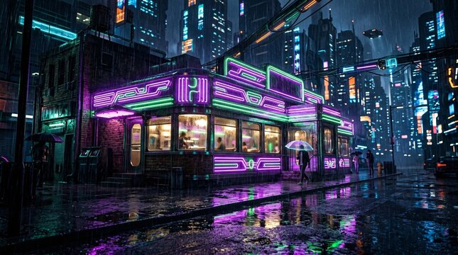 Rainy urban nightscape featuring a classic diner illuminated by vibrant purple and green neon signs reflecting perfectly on the wet asphalt.