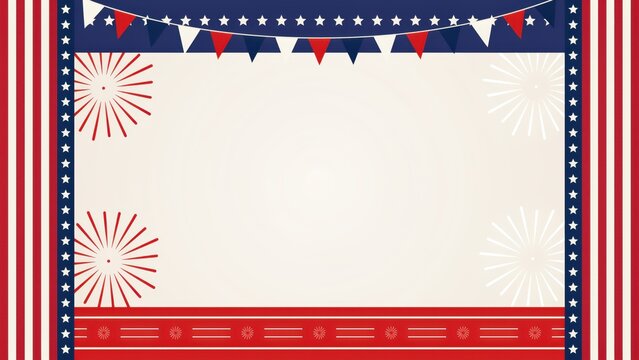Bunting and fireworks patterns frame this patriotic backdrop designed for national holiday celebrations and events.