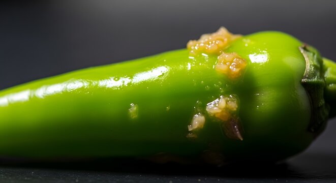 Vibrant green chili pepper with bite marks on surface gradient vibrant smooth arranged corners columns transition