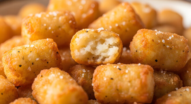 Macro shot of American dish from potatoes, deep fried tater tots showing sprinkles of salt and pepper on its top. Perfect choice for quick dish ideas